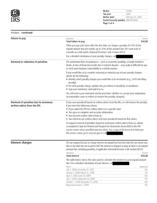 CP503 Notice (OTC Notice Project) - Page 3 Image of page 3 of a printed IRS CP503 Notice