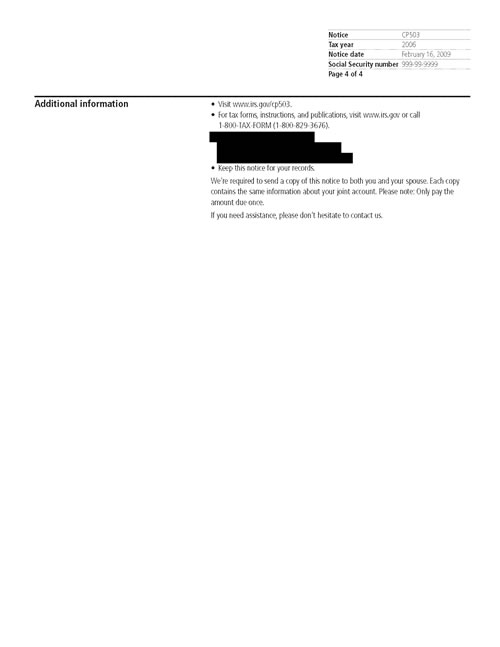 CP503 Notice (OTC Notice Project) - Page 4 Image of page 4 of a printed IRS CP503 Notice