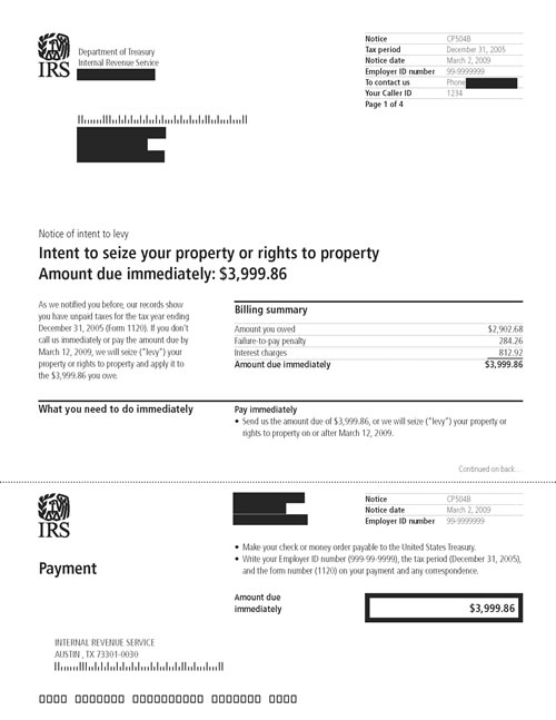CP504B Notice (OTC Notice Project) - Page 1 Image of page 1 of a printed IRS CP504B Notice