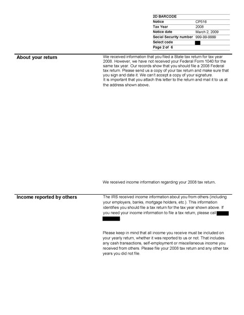Image of page 2 of a printed IRS CP516 Notice