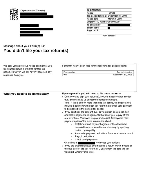 Image of page 1 of a printed IRS CP518B Notice