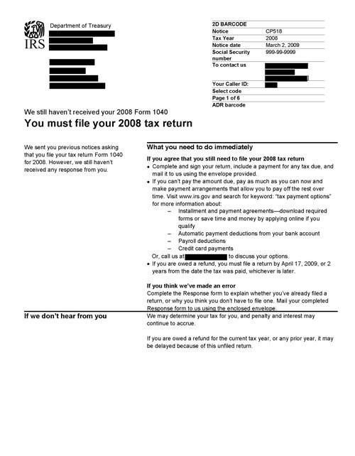 Image of page 1 of a printed IRS CP518I Notice