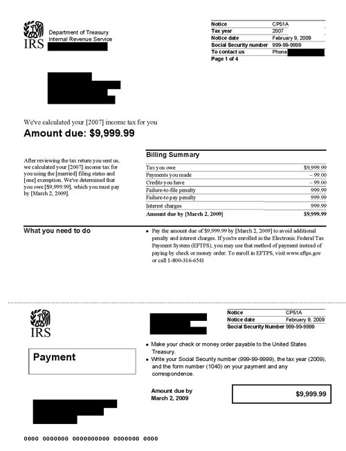 CP51A Notice (OTC Notice Project) - Page 1 Image of page 1 of a printed IRS CP51A Notice