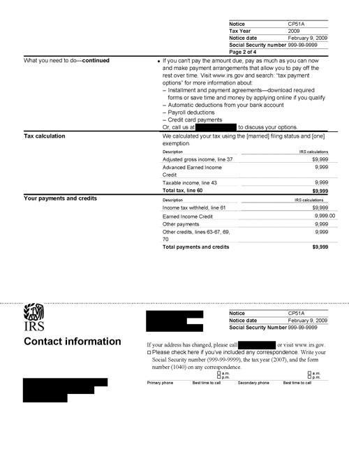 CP51A Notice (OTC Notice Project) - Page 2 Image of page 2 of a printed IRS CP51A Notice