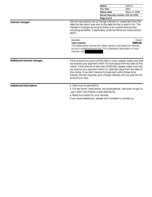 CP51A Notice (OTC Notice Project) - Page 4 Image of page 4 of a printed IRS CP51A Notice