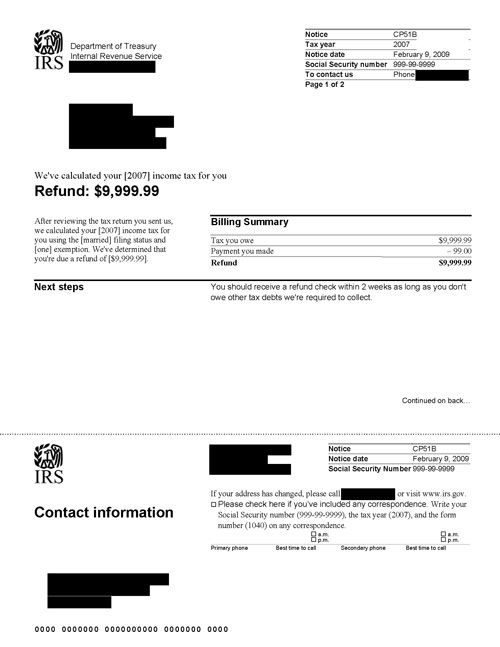 CP51B Notice (OTC Notice Project) - Page 1 Image of page 1 of a printed IRS CP51B Notice