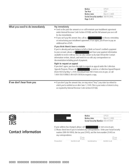 Image of page 2 of a printed IRS CP523 Notice