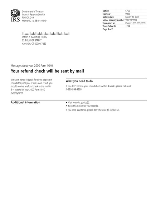 CP53 Notice (TACT Notice Project) - Page 1 Image of a printed IRS CP53 Notice