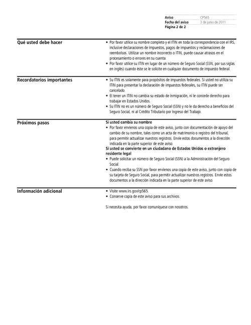 CP565 (SP) Notice (OTC Notice Project) - Page 2 Imagen de la página 2 del impreso un Aviso del IRS CP565
