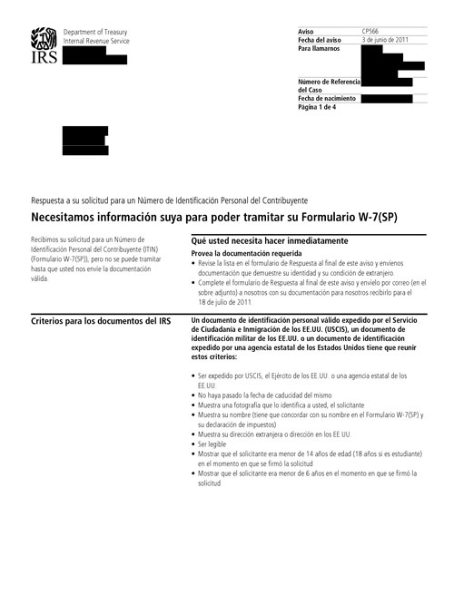 CP566 (SP) Notice (OTC Notice Project) - Page 1 Imagen de la página 1 del impreso un Aviso del IRS CP566