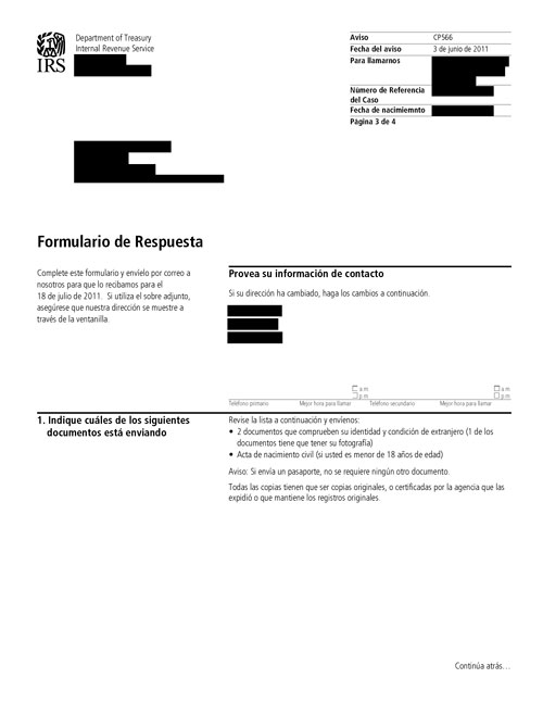 CP566 (SP) Notice (OTC Notice Project) - Page 3 Imagen de la página 3 del impreso un Aviso del IRS CP566