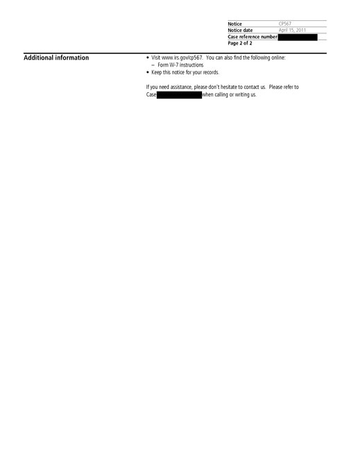 Image of page 2 of a printed IRS CP567 Notice