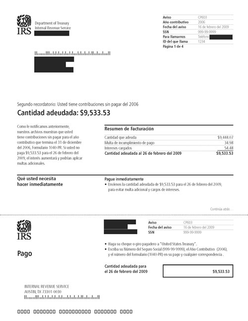 Image of page 1 of a printed IRS CP603 Notice