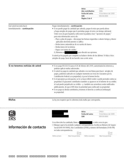 Image of page 2 of a printed IRS CP603 Notice