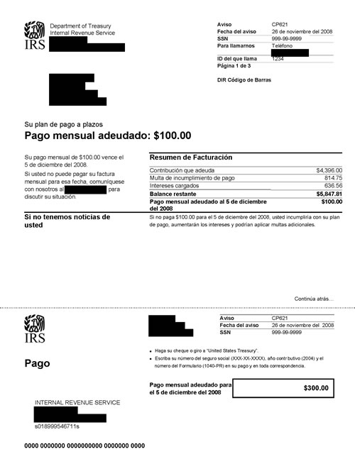 Image of page 1 of a printed IRS CP621 Notice