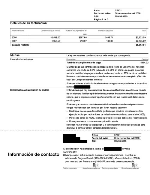 Image of page 2 of a printed IRS CP621 Notice
