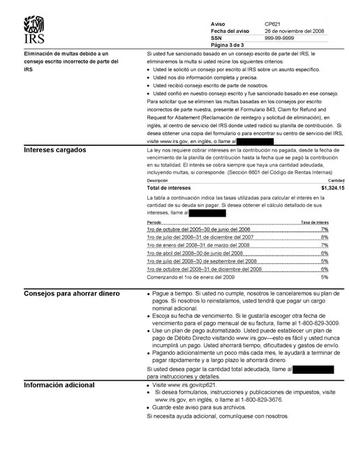 Image of page 3 of a printed IRS CP621 Notice