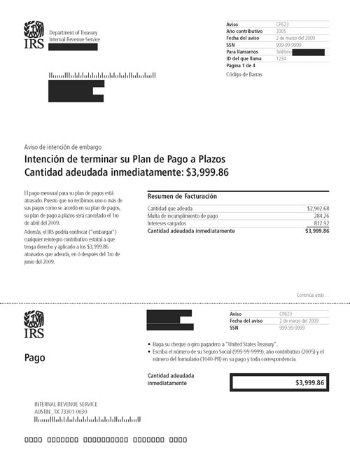 Image of page 1 of a printed IRS CP623 Notice