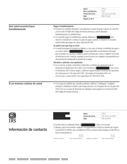 Image of page 2 of a printed IRS CP623 Notice