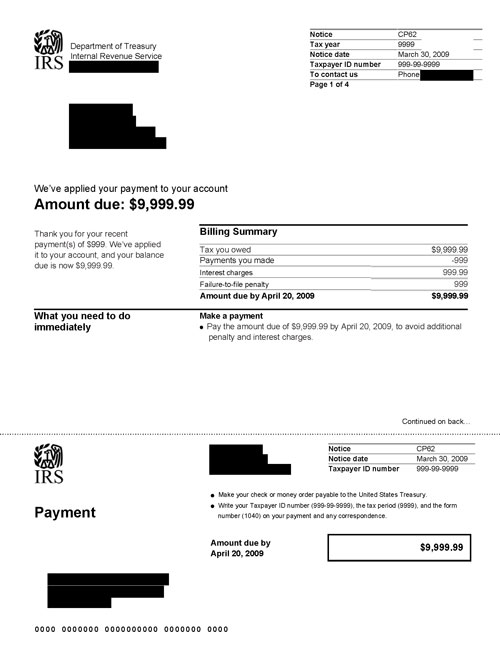 CP62 Notice (OTC Notice Project) - Page 1 Image of page 1 of a printed IRS CP62 Notice