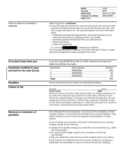 CP62 Notice (OTC Notice Project) - Page 2 Image of page 2 of a printed IRS CP62 Notice