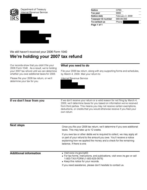 Image of page 1 of a printed IRS CP63 Notice