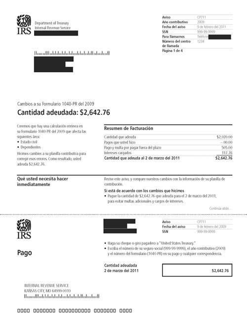 CP711 Notice (OTC Notice Project) - Page 1 Image of page 1 of a printed IRS CP711 Notice