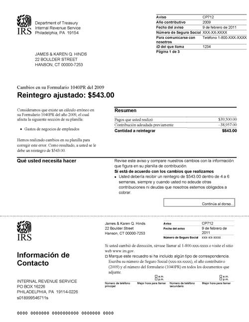 Imagen de la página 1 del impreso un Aviso del IRS CP712