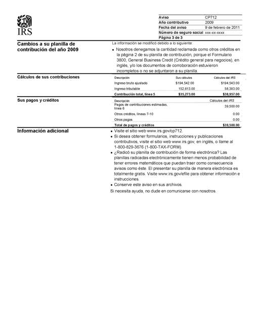 Imagen de la página 3 del impreso un Aviso del IRS CP712