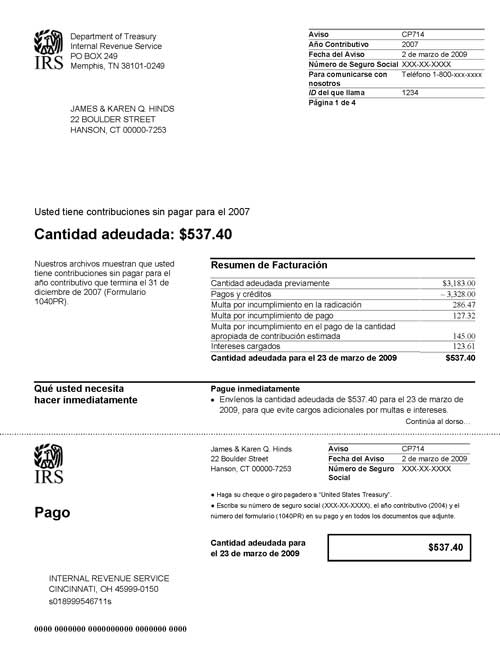 CP714 Notice (OTC Notice Project) - Page 1 Imagen de la página 1 del impreso un Aviso del IRS CP714