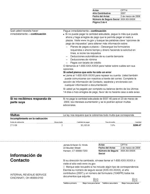 CP714 Notice (OTC Notice Project) - Page 2 Imagen de la página 2 del impreso un Aviso del IRS CP714