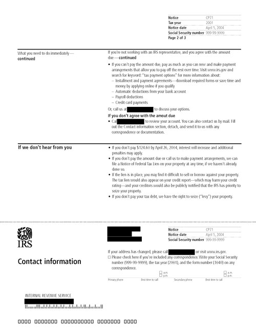 Image of page 2 of a printed IRS CP71 Notice