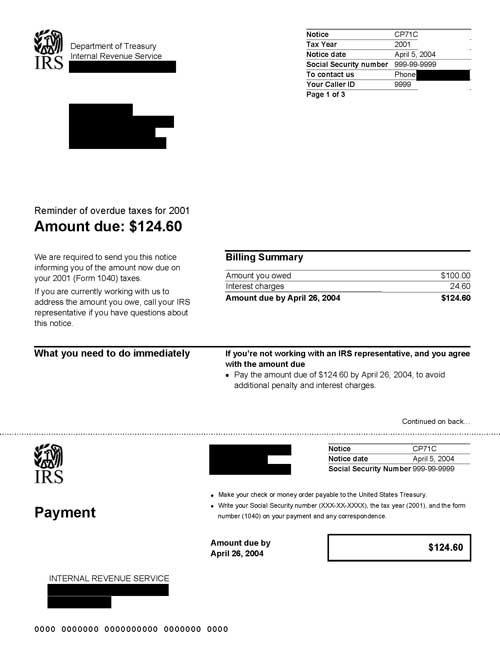 Image of page 1 of a printed IRS CP71C Notice