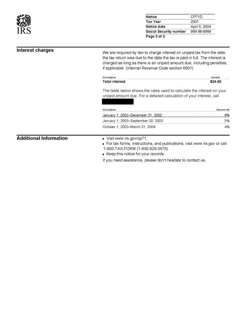 CP71D Notice (OTC Notice Project) - Page 3 Image of page 3 of a printed IRS CP71D Notice