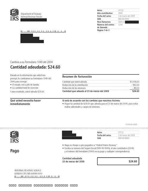 CP722 Notice (OTC Notice Project) - Page 1 Image of page 1 of a printed IRS CP722 Notice