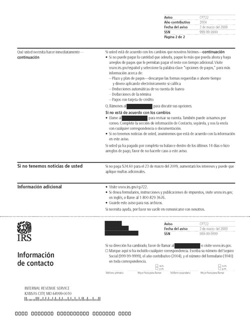 CP722 Notice (OTC Notice Project) - Page 2 Image of page 2 of a printed IRS CP722 Notice