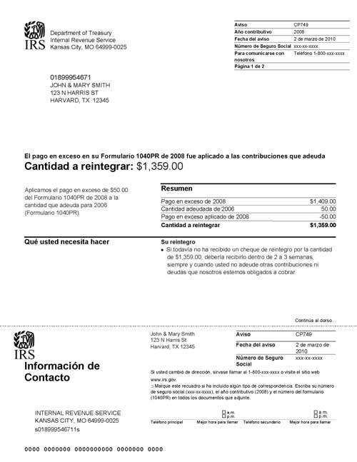 CP749 Notice (OTC Notice Project) - Page 1 Imagen de la página 1 del impreso un Aviso del IRS CP749