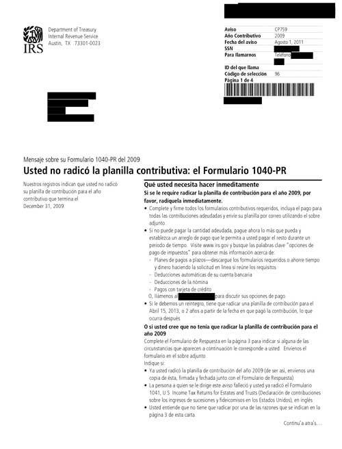 Imagen de la página 1 del impreso un Aviso del IRS CP759