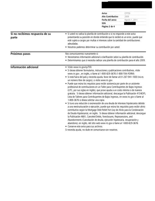Imagen de la página 2 del impreso un Aviso del IRS CP759