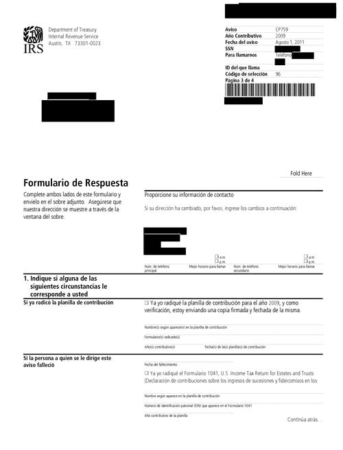 Imagen de la página 3 del impreso un Aviso del IRS CP759