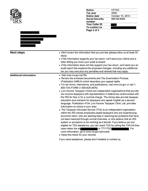 Image of page 2 of a printed IRS CP75D Notice