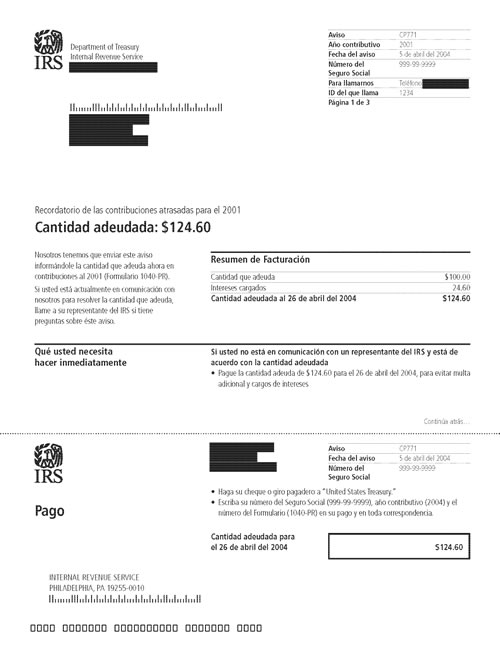 CP771 Notice (OTC Notice Project) - Page 1 Image of page 1 of a printed IRS CP771 Notice
