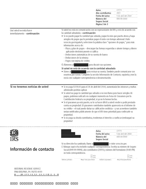 CP771 Notice (OTC Notice Project) - Page 2 Image of page 2 of a printed IRS CP771 Notice