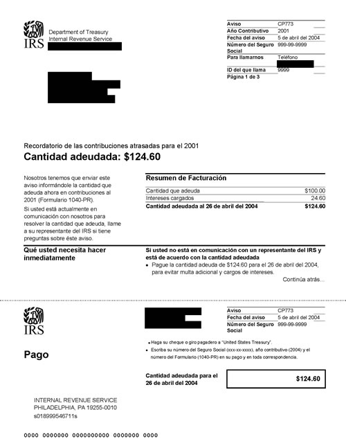 Image of page 1 of a printed IRS CP773 Notice