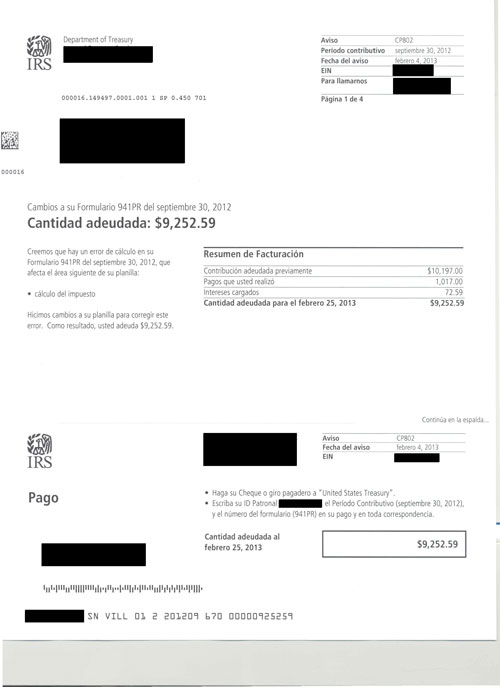 Image of page 1 of a printed IRS CP802 Notice