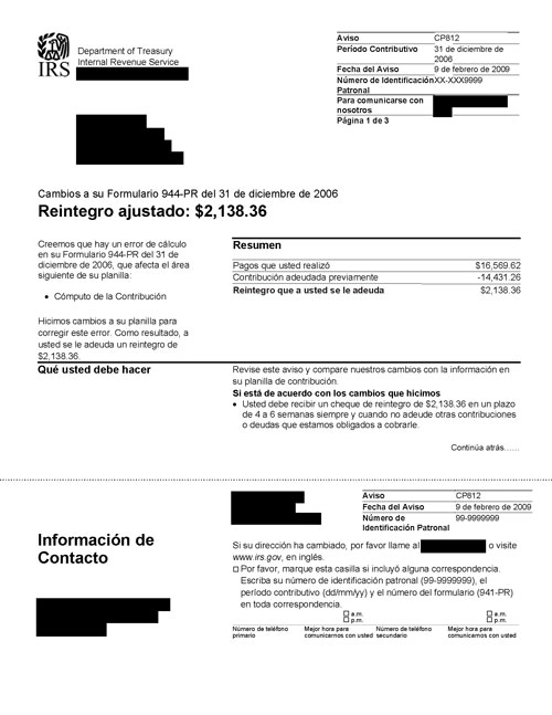 Image of page 1 of a printed IRS CP812 Notice