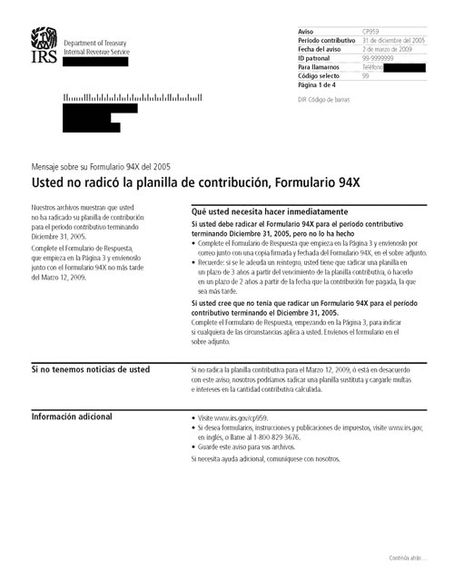 CP959 Notice (OTC Notice Project) - Page 1 Image of page 1 of a printed IRS CP959 Notice