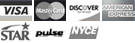 Visa, MasterCard, Discover, American Express, Star, Bill Me Later, Pulse, NYCE icons