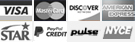 Visa, MasterCard, Discover, American Express, Star, Bill Me Later, Pulse, NYCE icons