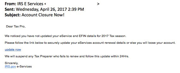 Image of a Phishing email the depicts text and branding designed to mimic IRS branding and fool the recepient.